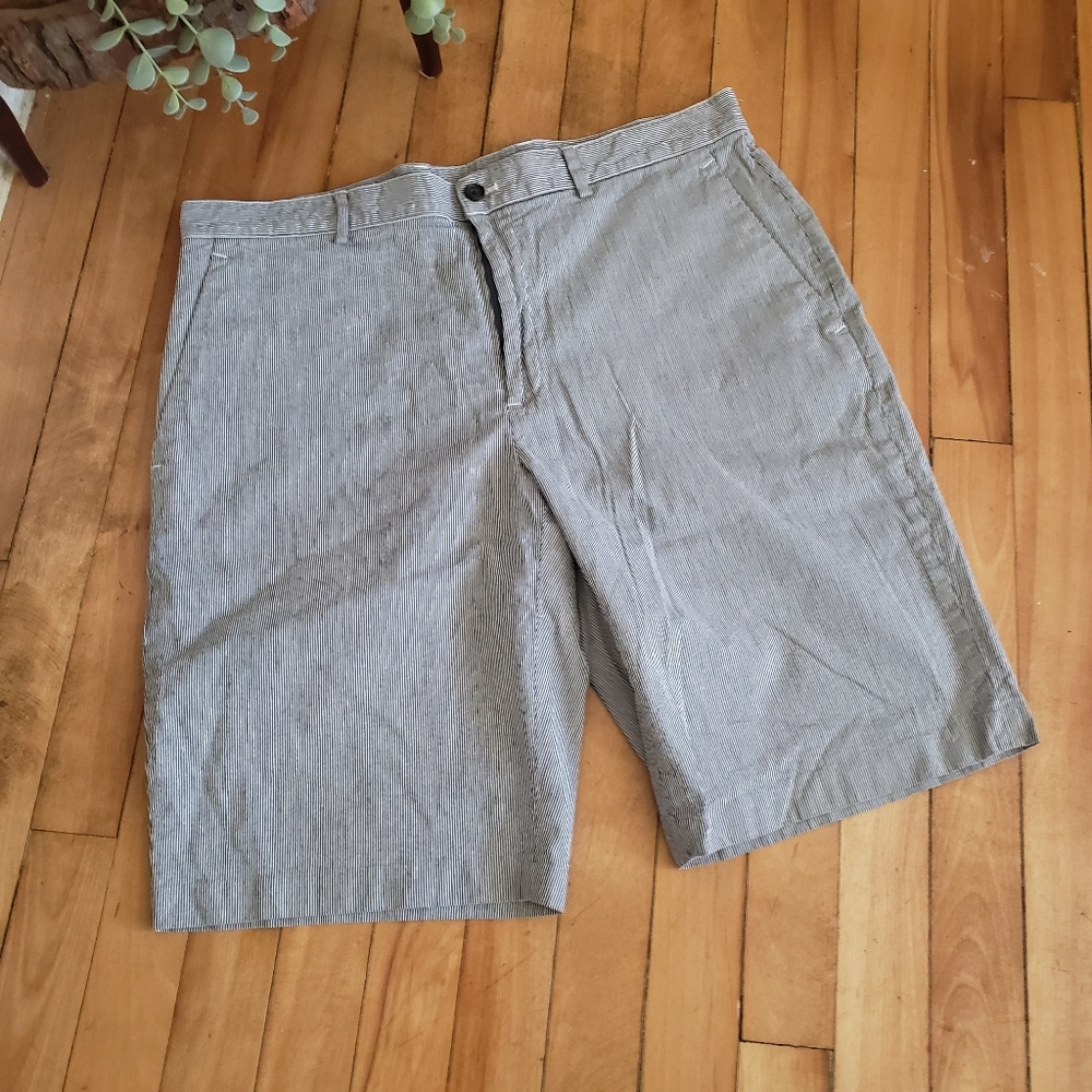 Michael Kors Mens Shorts 34 Gray White Pin Stripe Flat Front Casual Cotton Chino